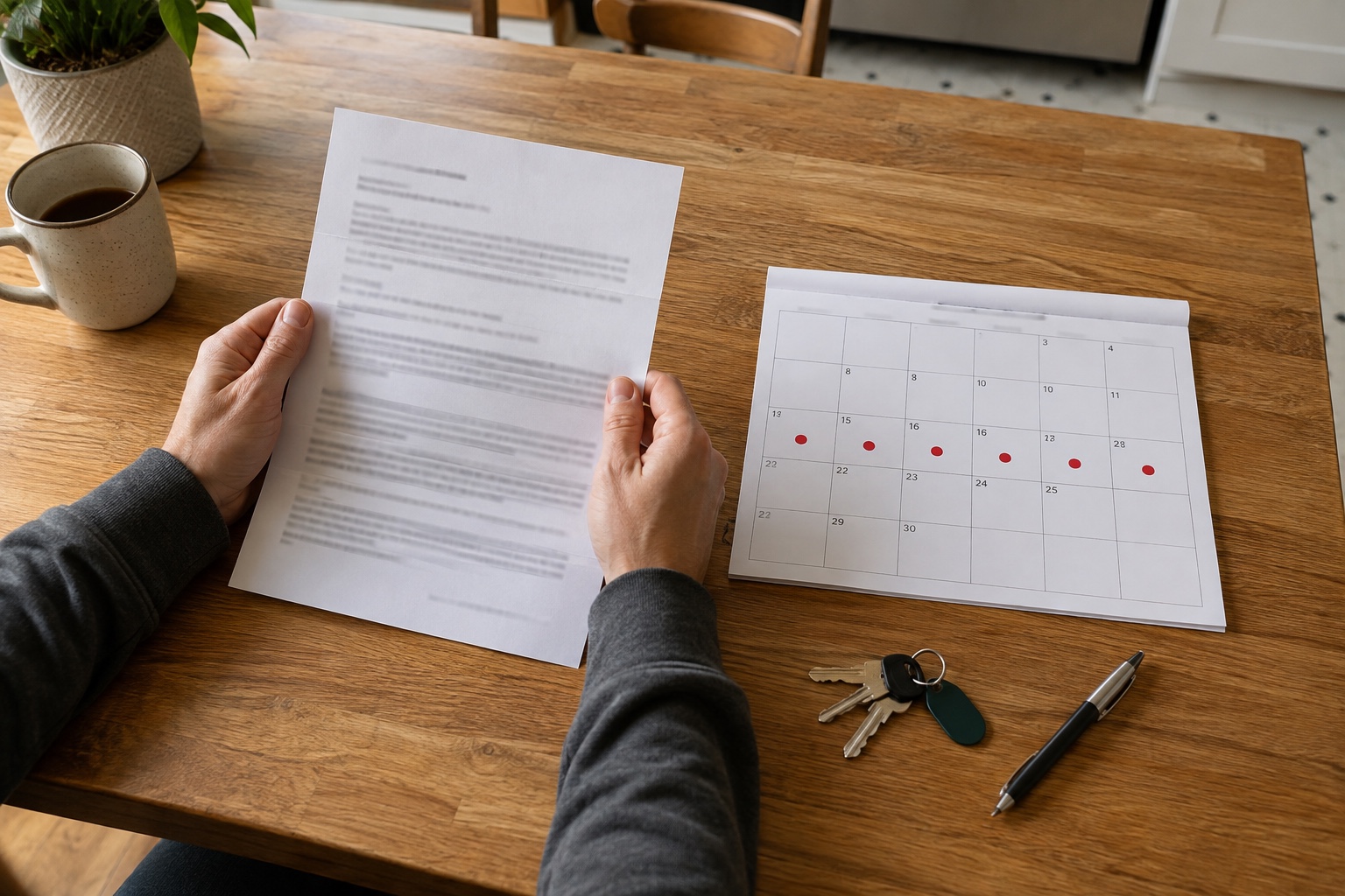 A renter reviews a notice beside a calendar and apartment keys.