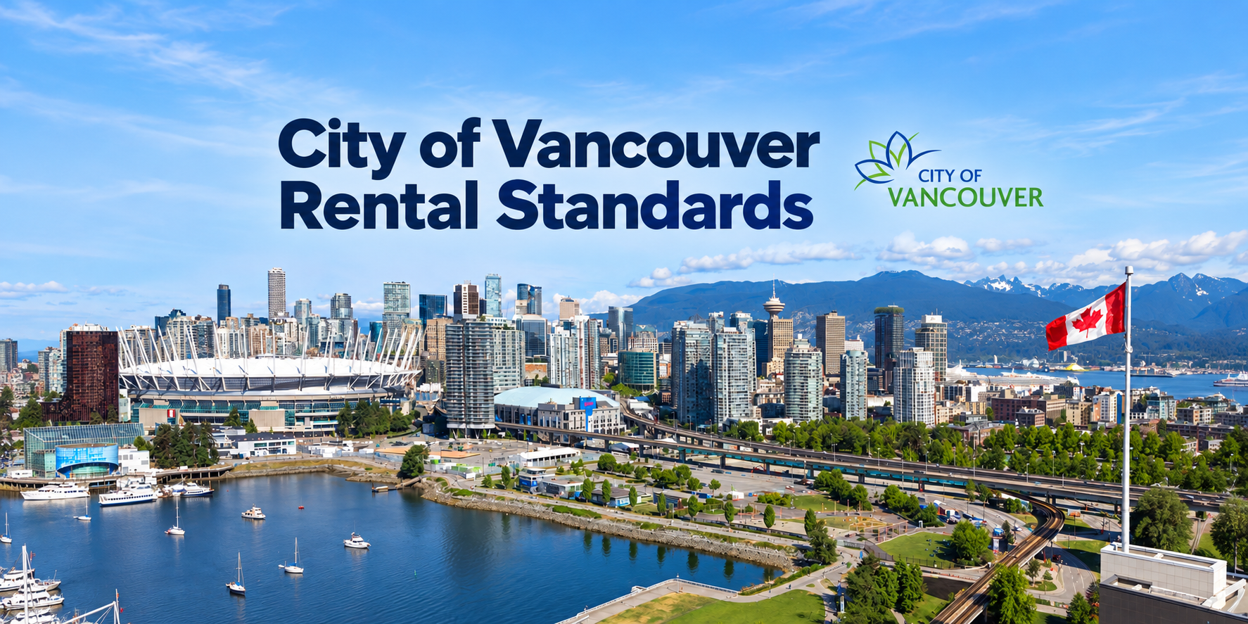 Wide Vancouver skyline photo cover with City of Vancouver Rental Standards title positioned safely within the homepage frame.