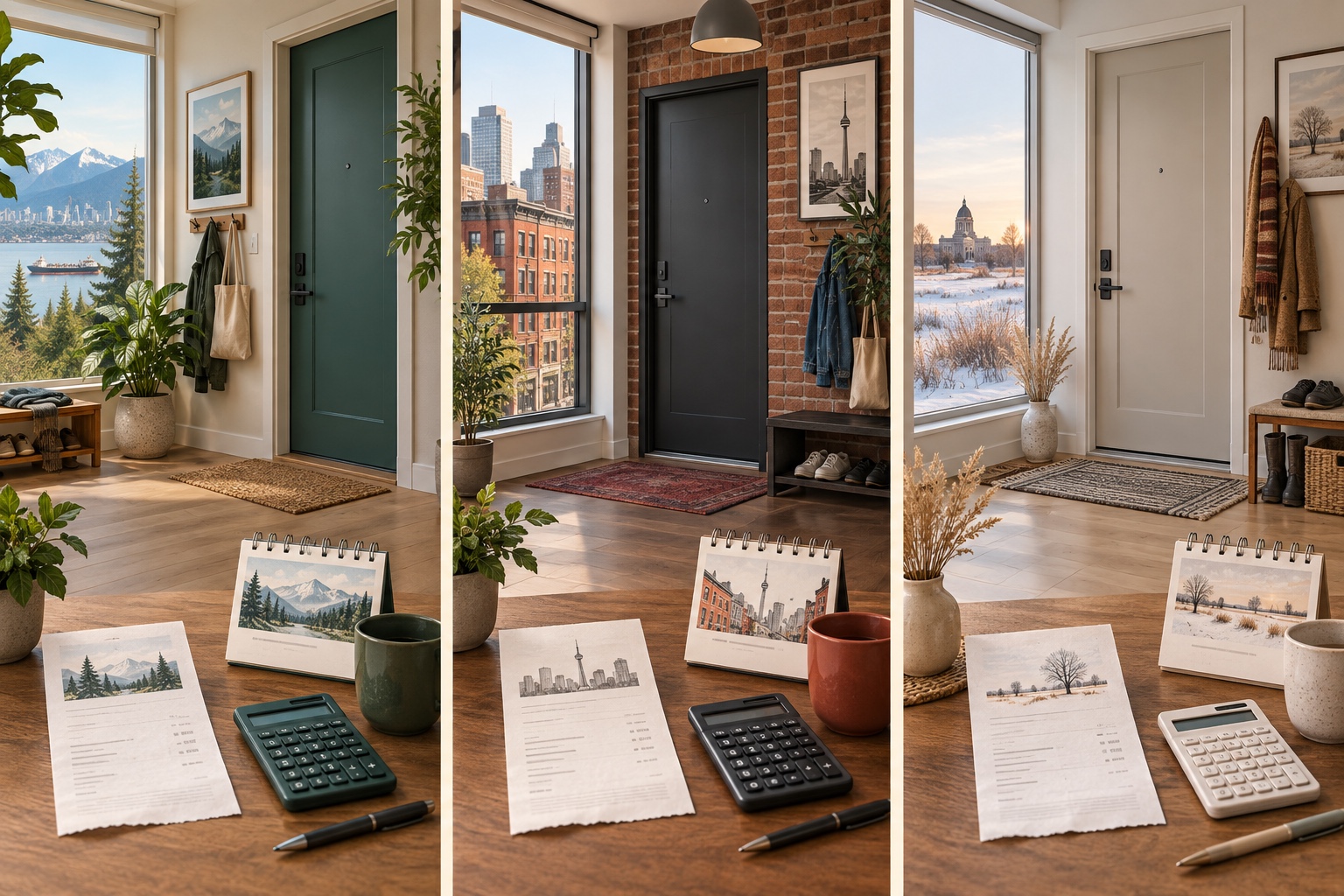 Three rental homes representing British Columbia, Ontario and Manitoba, with calendars and calculators.