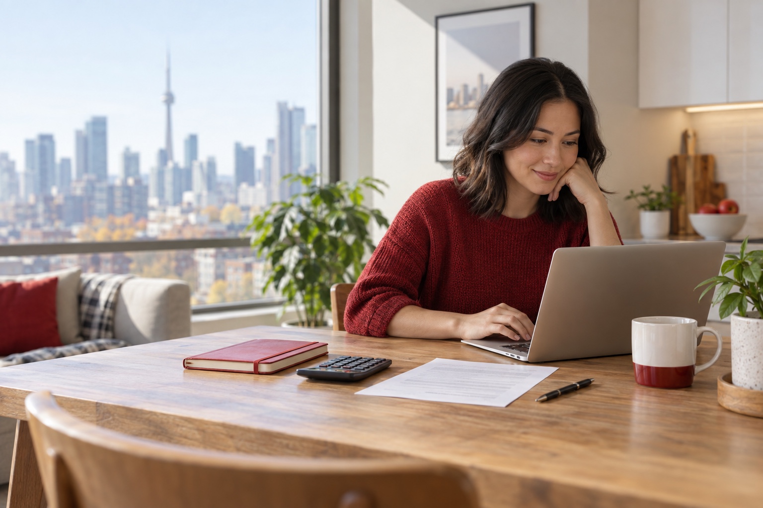 A renter reviews housing information on a laptop at a kitchen table, with a calculator and one document lying flat.