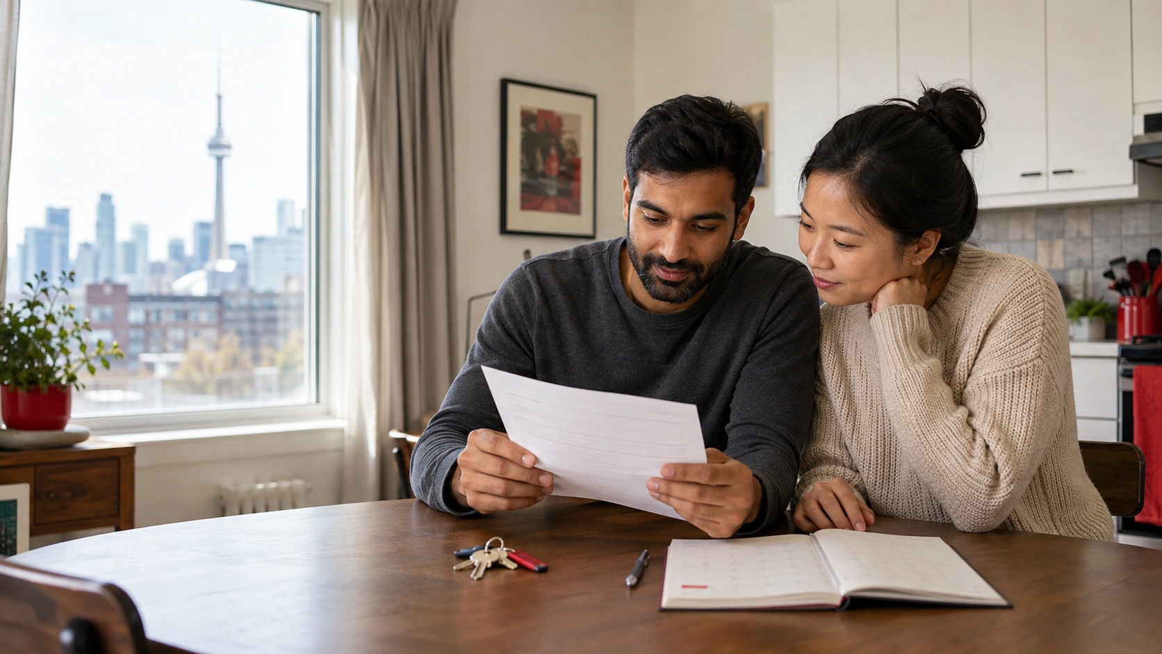 An Ontario renter reviews rental-law documents at home.