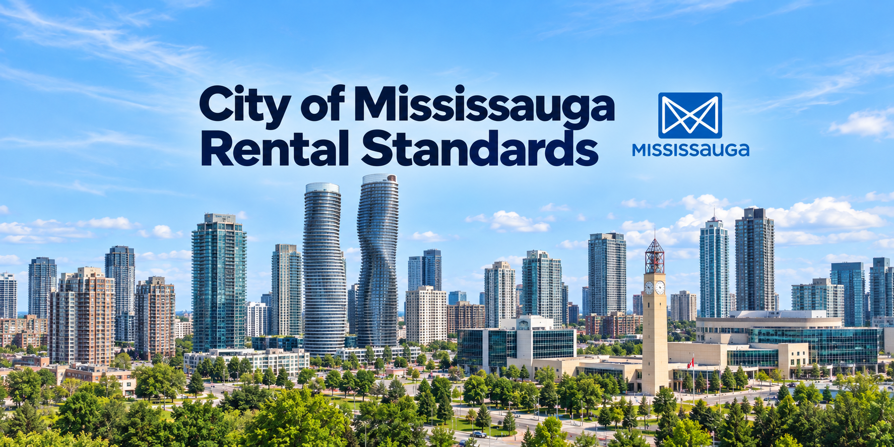 AI-generated illustration of the Mississauga skyline, including the Absolute World towers and Civic Centre, with the City logo and the headline City of Mississauga Rental Standards.