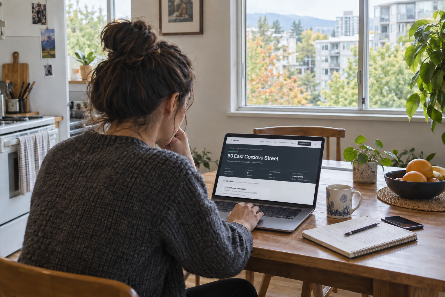 Photorealistic image of a renter viewing Renterly’s 50 East Cordova Street building page on a laptop at a kitchen table.