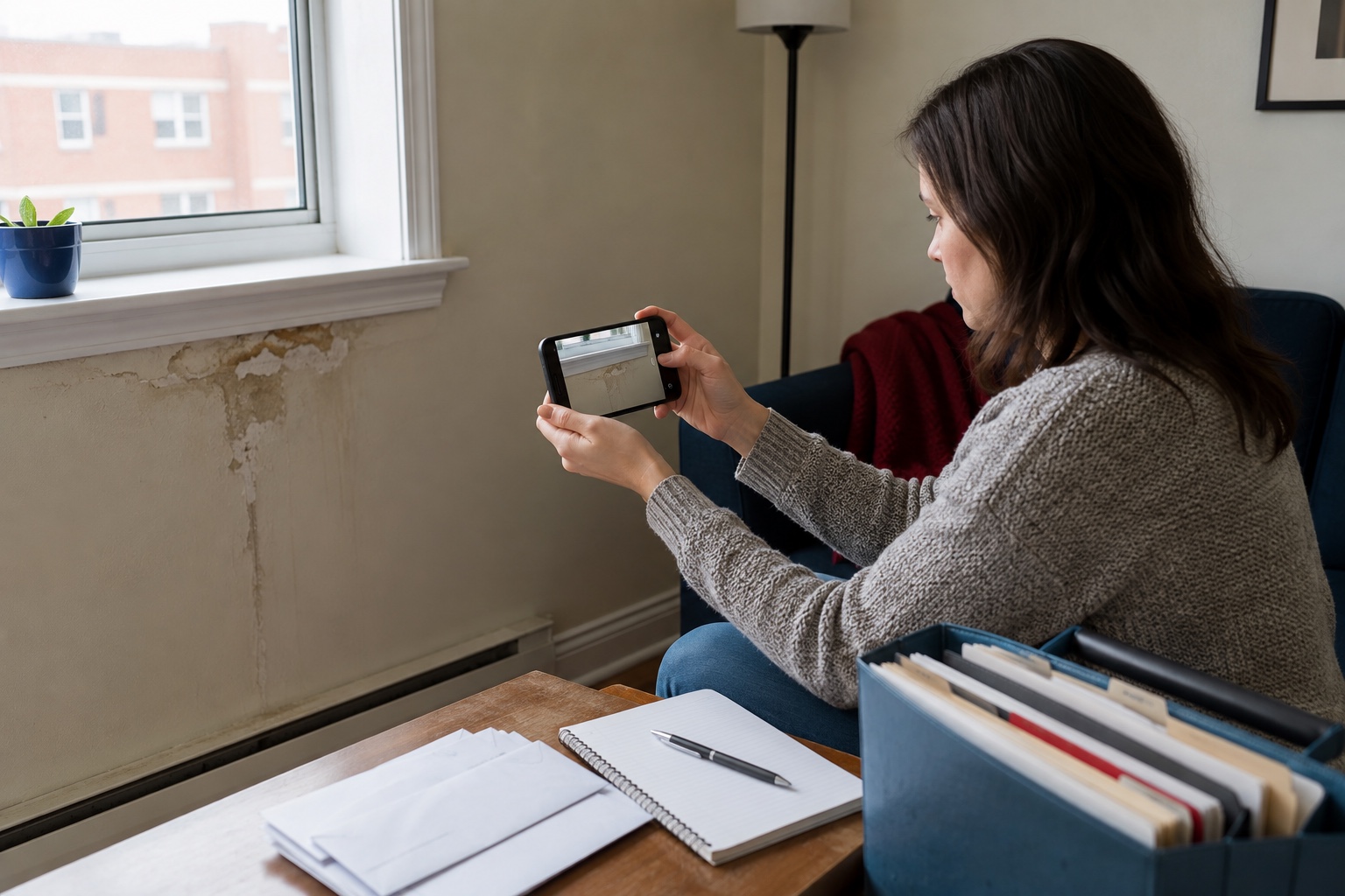 A renter photographs peeling paint and a water stain near an apartment window while keeping organized records.